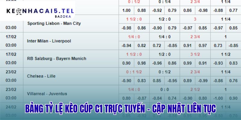 Bảng tỷ lệ kèo Cúp C1 cập nhật mọi biến động theo thời gian thực